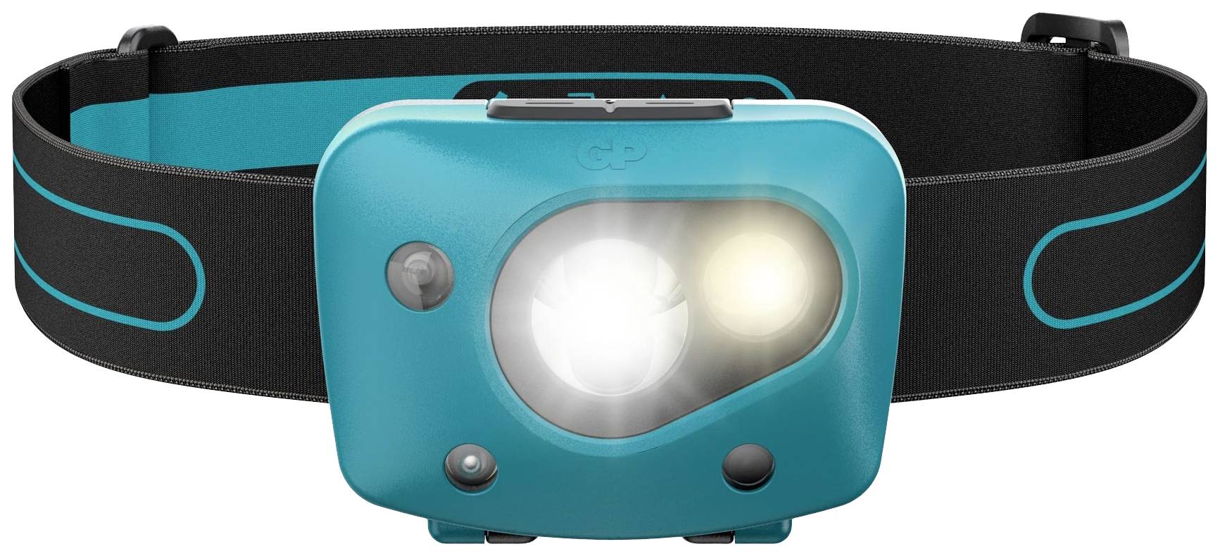 A blue head torch with a black strap and two light sources, perfect for outdoor activities or working in dark environments.