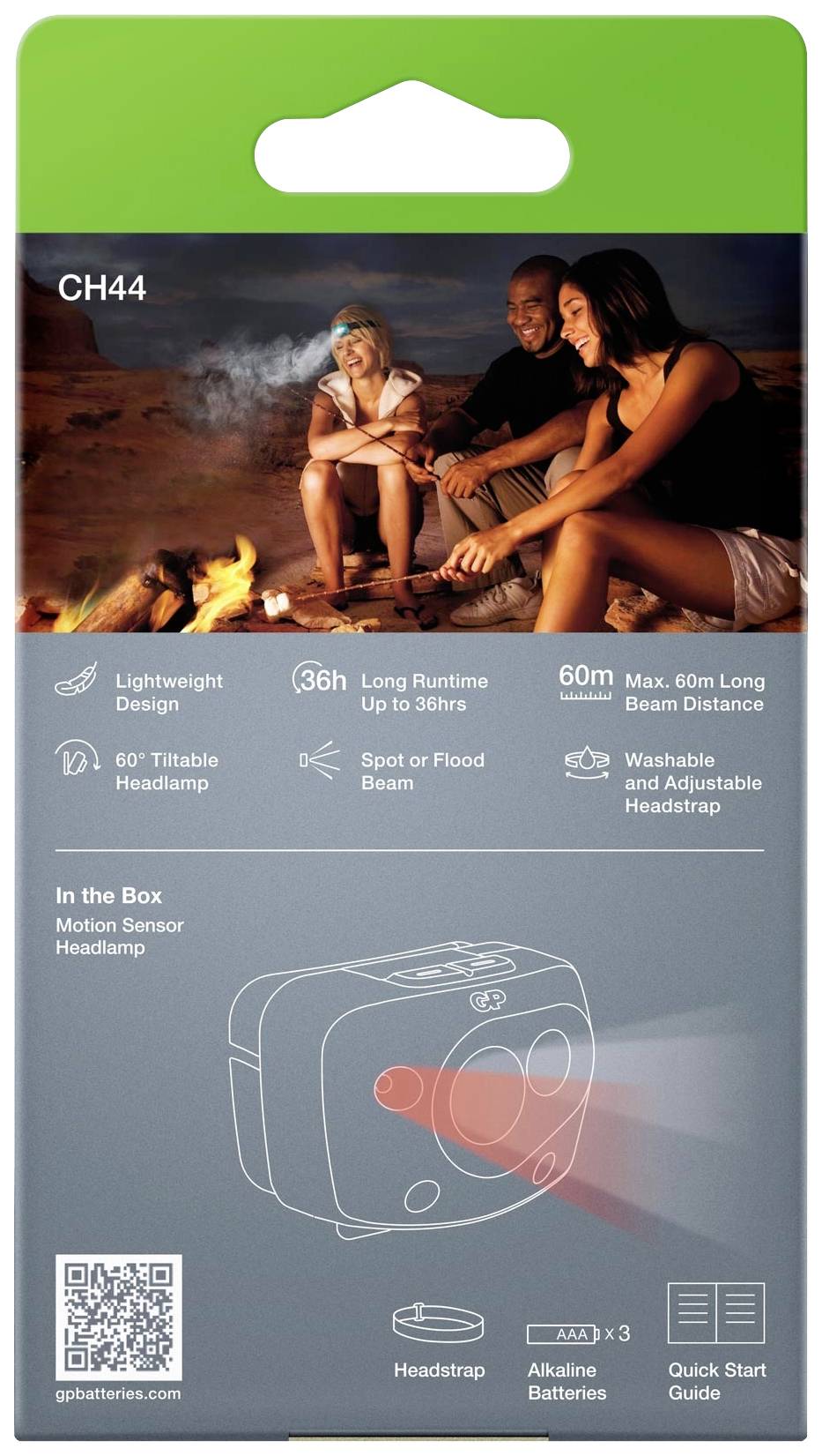 'Packaging for the CH44 Headlamp: Illustration of three people around a campfire. Features: 36-hour runtime, 60m beam distance, adjustable angle.'