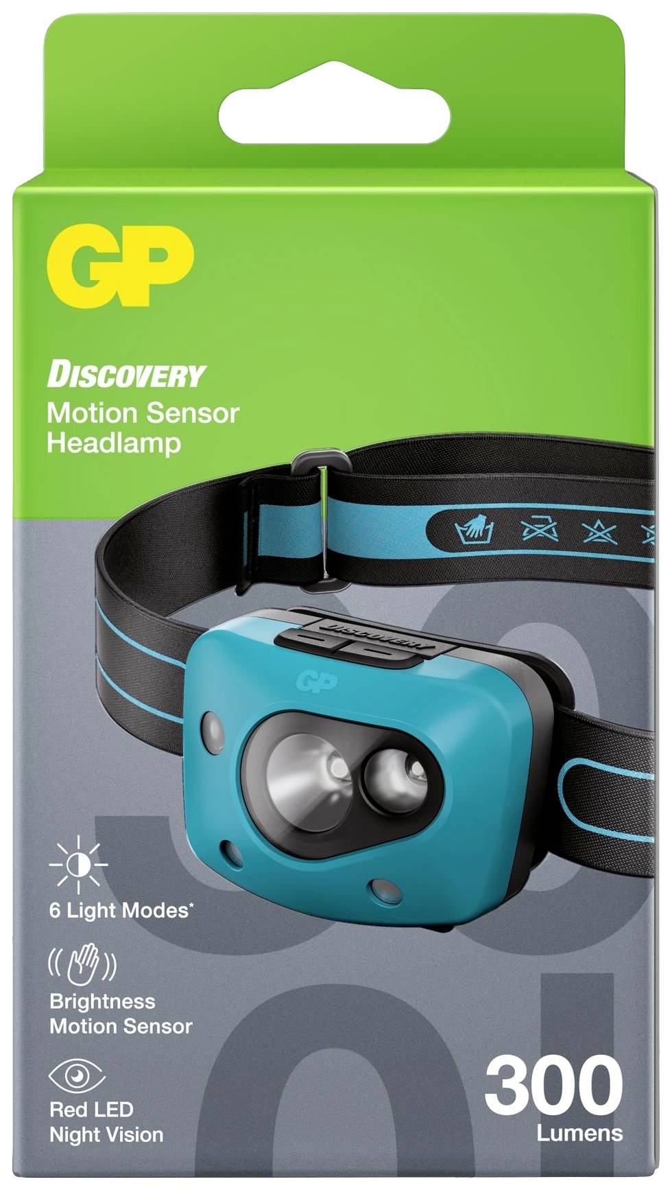 A blue head torch with motion sensor. Packaging shows features: 6 lighting modes, brightness sensor, red LED night vision, 300 lumens.