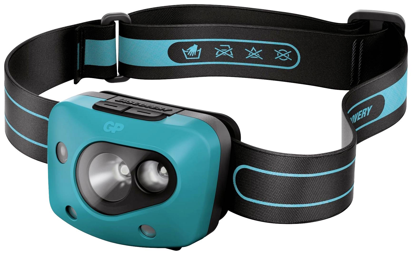 Blue head torch with elastic strap, black stripe and symbols for brightness, water resistance and weight.