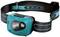 Blue head torch with elastic strap, black stripe and symbols for brightness, water resistance and weight.