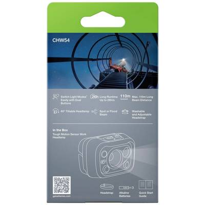 Packaging for a Head Torch with 110 m Beam Distance, 26-hour Runtime, Switchable Modes and 60° Pivoting Head. Includes Headband, Batteries and Instructions.