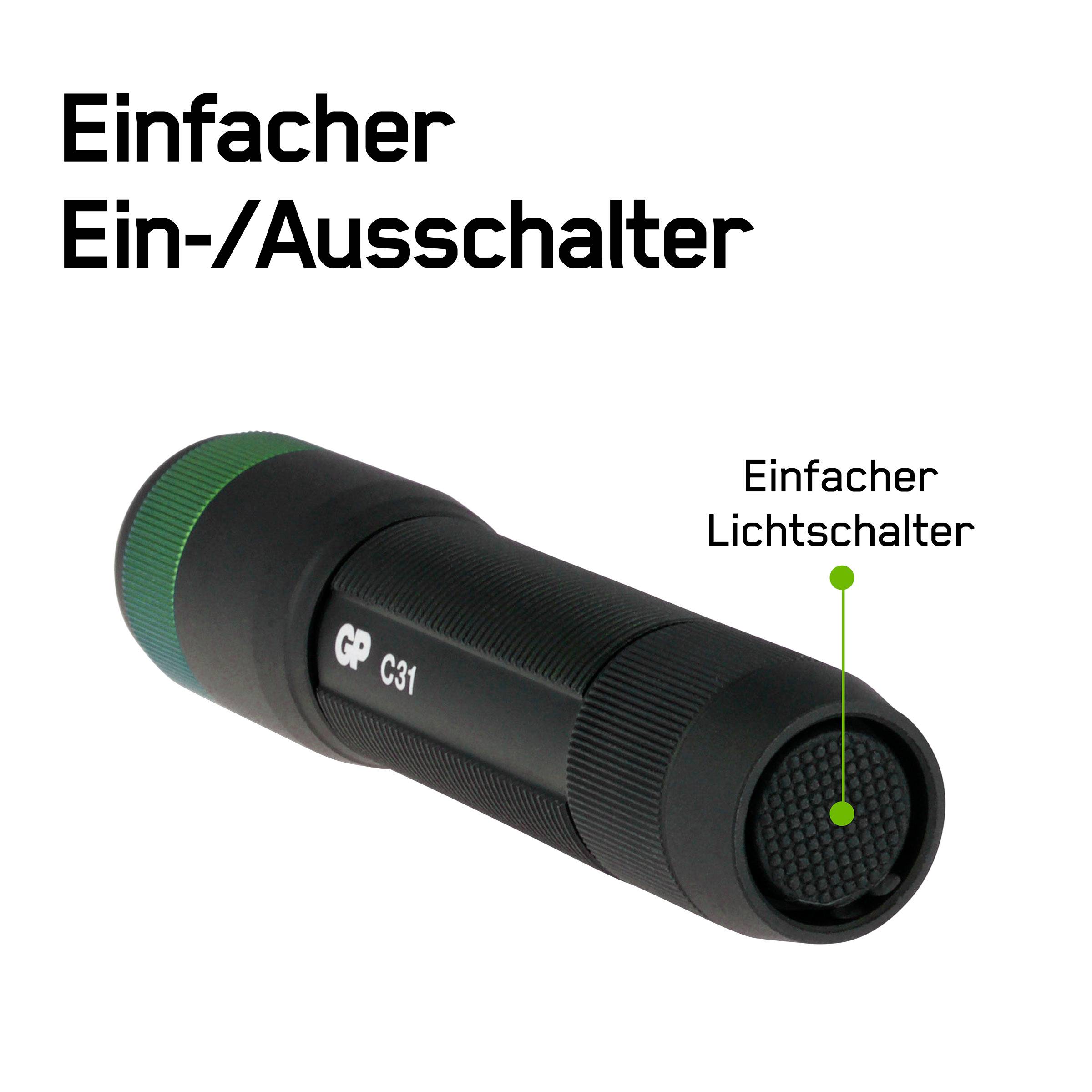 Torch with a simple on/off switch and labelled 'Simple Light Switch', design emphasises user-friendliness.