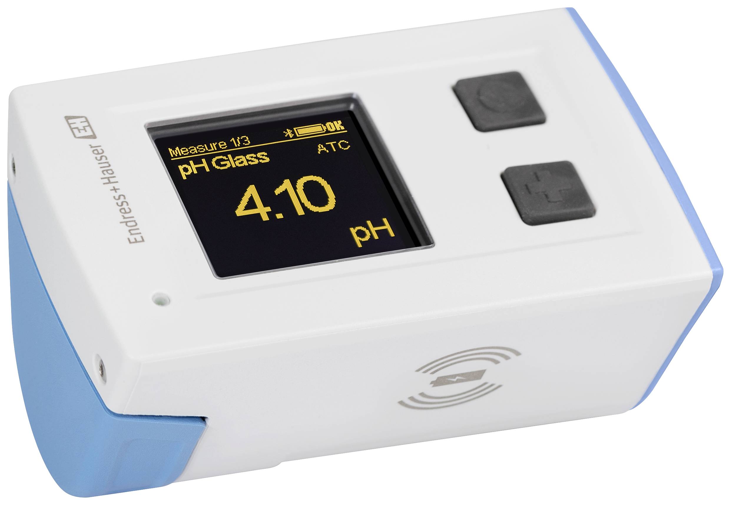 A digital pH meter displays 'pH Glass 4.10 pH' on the screen, suitable for precise monitoring of pH values in liquids.