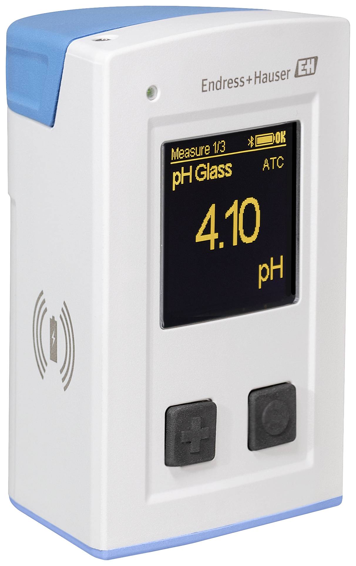 A portable digital pH value analyser. The screen displays 'pH Glass 4.10'. Device by Endress+Hauser.