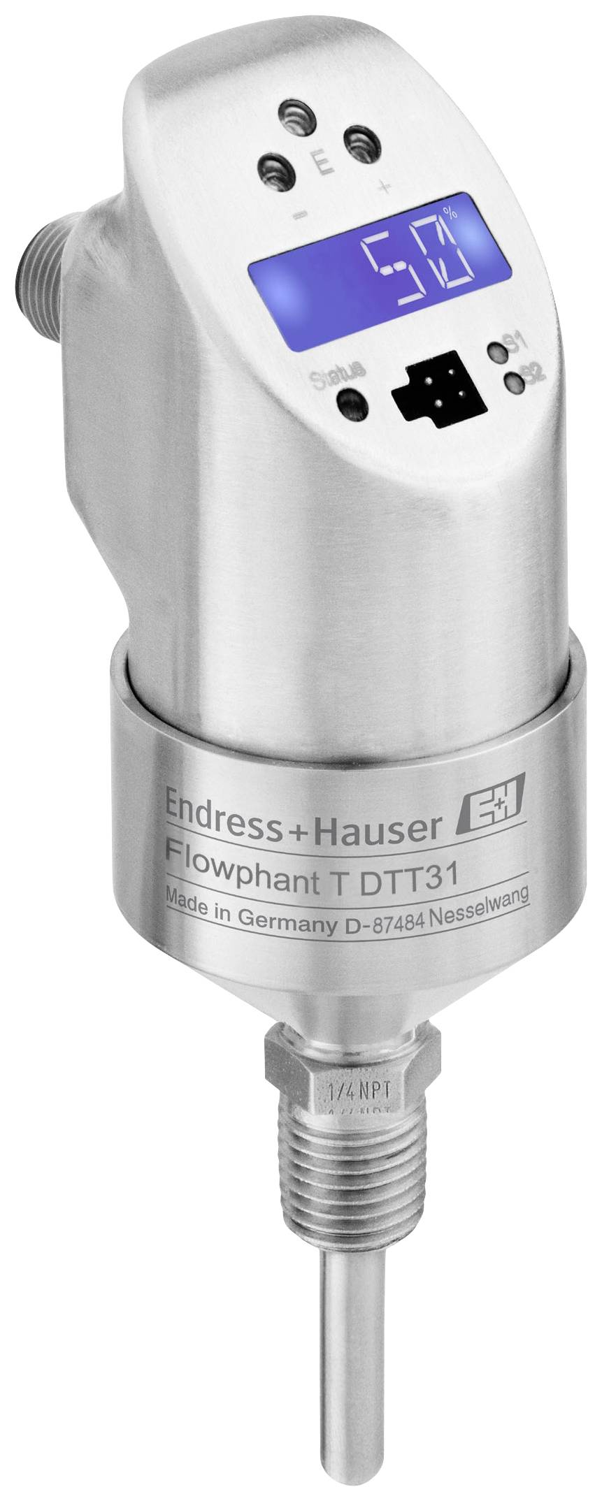 A metal industrial flow sensor with a digital display on top. Showing '50'. Labelled with 'Endress+Hauser Flowphant T DTT31'.