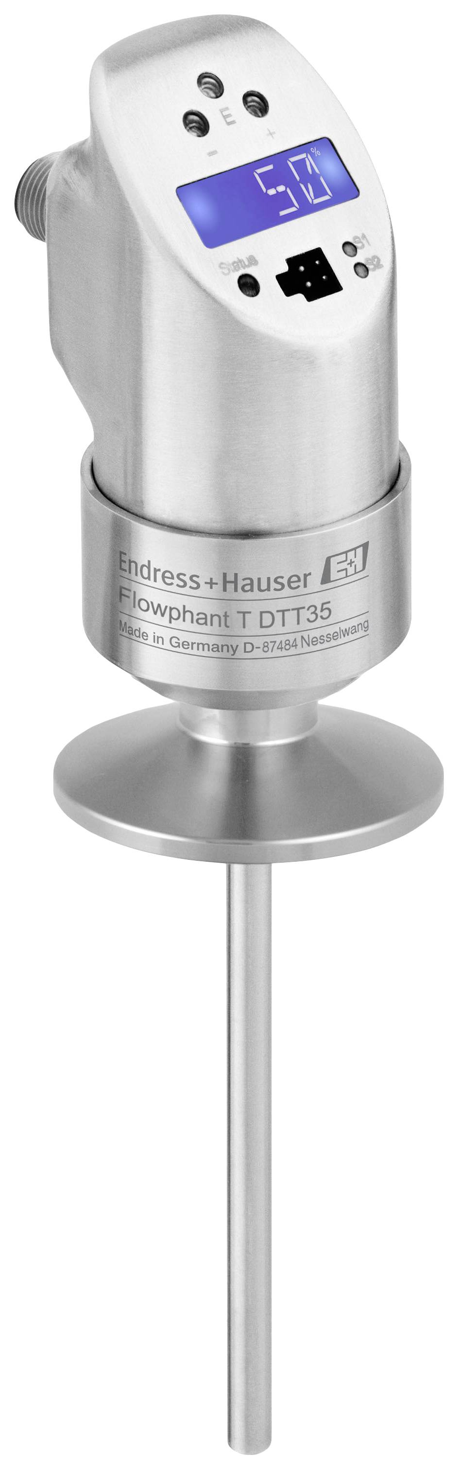 A silver temperature sensor with a digital display, showing '50'. Device by Endress+Hauser, model 'iTherm Owphand T DTT35'.