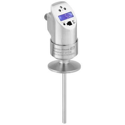 A silver temperature sensor with a digital display, showing '50'. Device by Endress+Hauser, model 'iTherm Owphand T DTT35'.