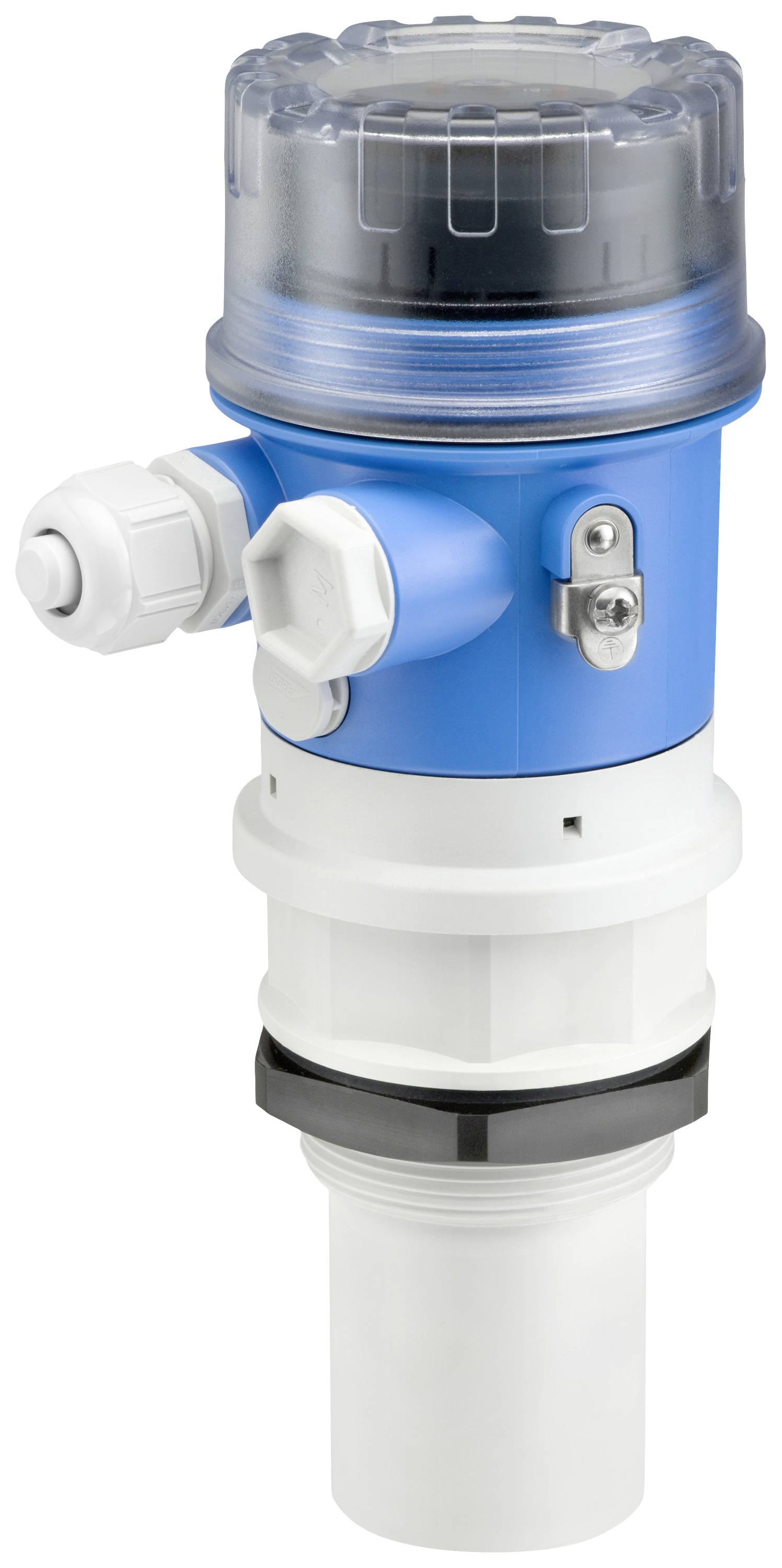 A blue and white industrial device with electrical connections and a transparent lid, possibly a sensor or controller.