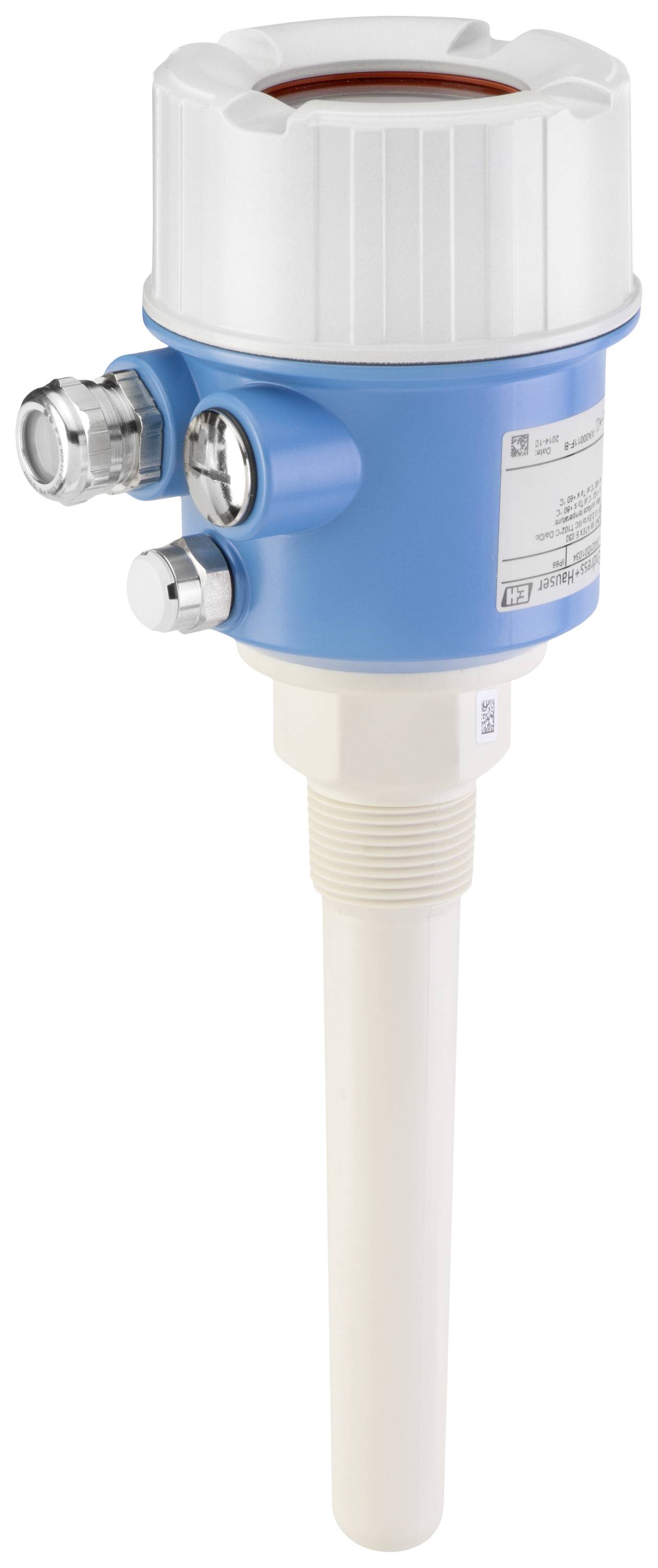 A blue industrial sensor with a white head housing, suitable for measuring levels in containers.