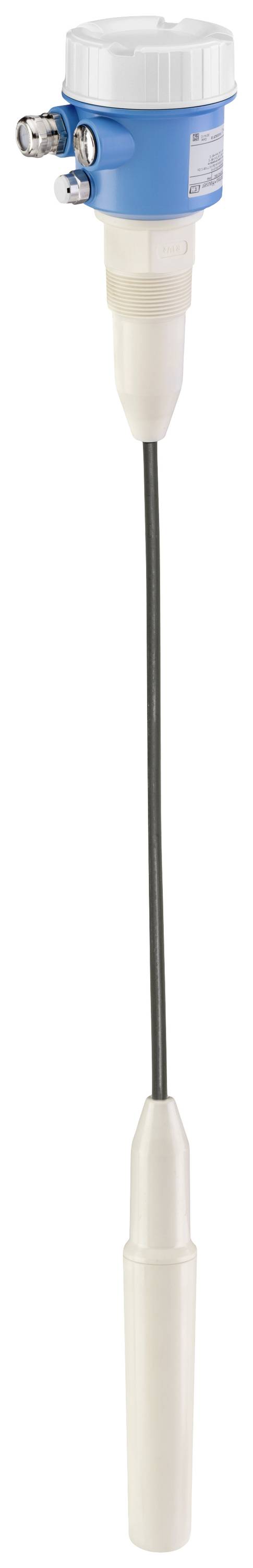 A white and blue electrical device with long connectors, used for level measurement in industrial applications.