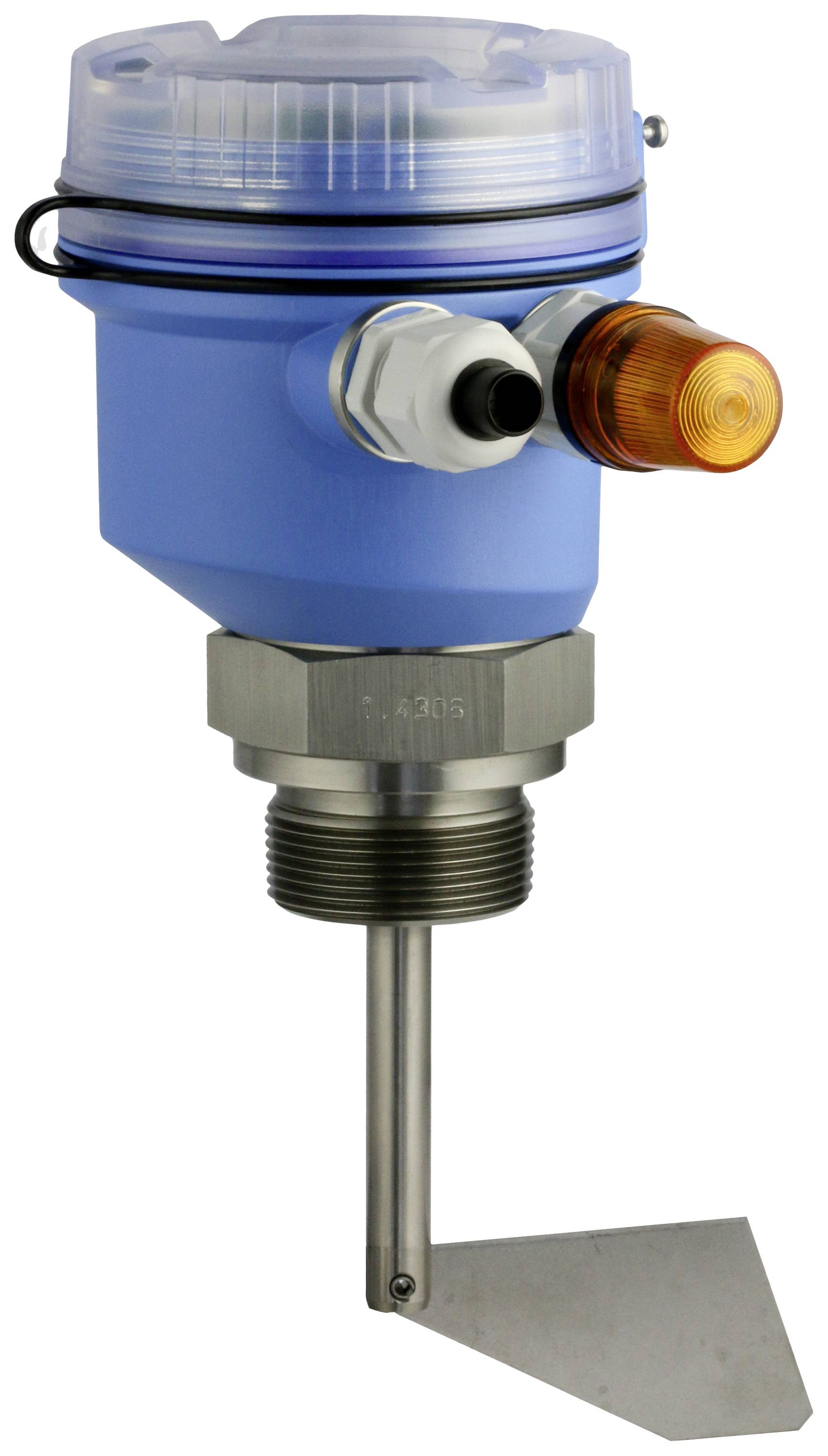 An industrial level gauge with a blue plastic casing, red indicator light, and metal vanes for monitoring material levels.