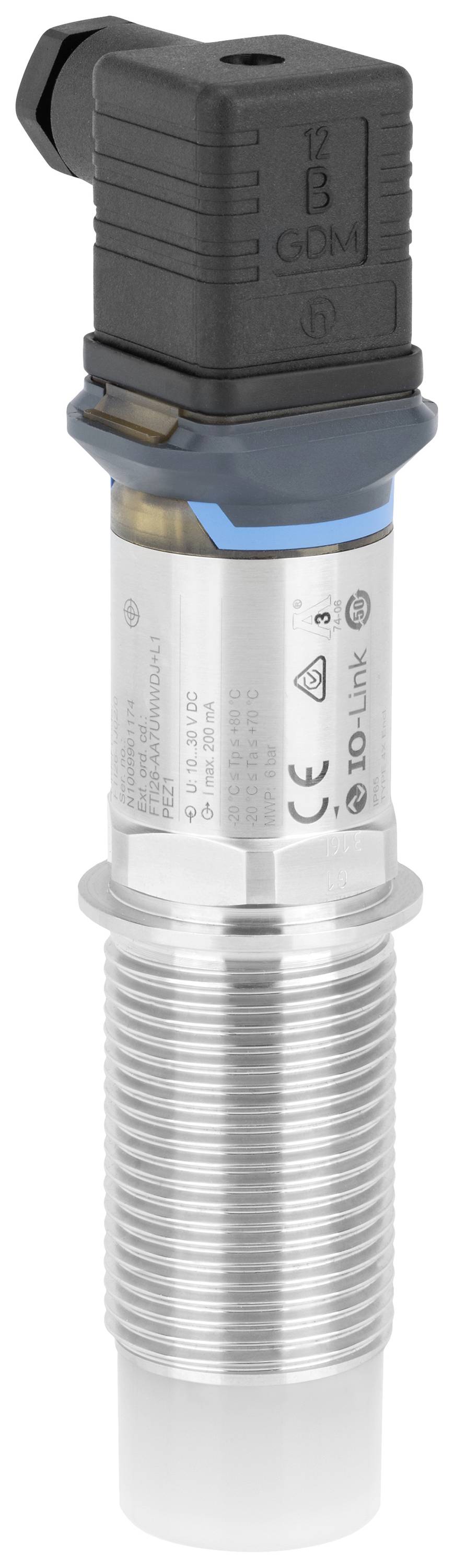 A cylindrical sensor with a ribbed metal housing and a black plastic plug on top, printed with CE marking and technical data.