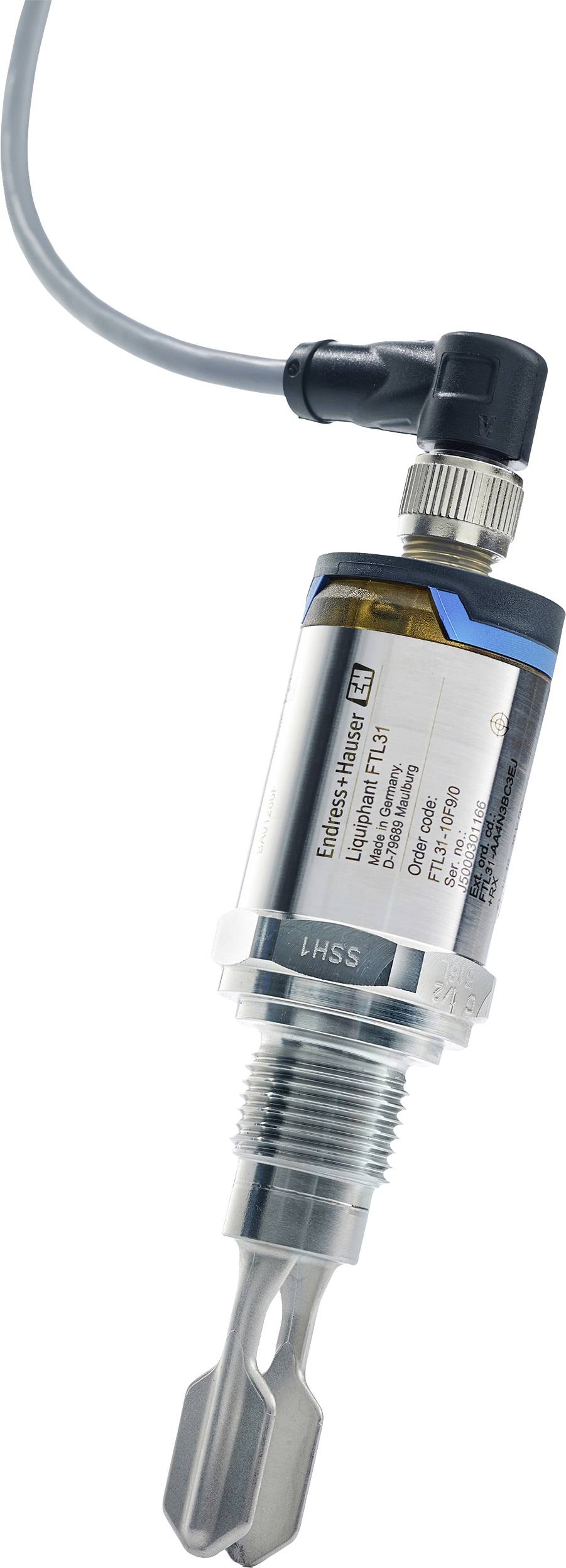 A sensor with a metal probe and cable, used for measuring liquid levels or densities. Rectangular badge with technical information.