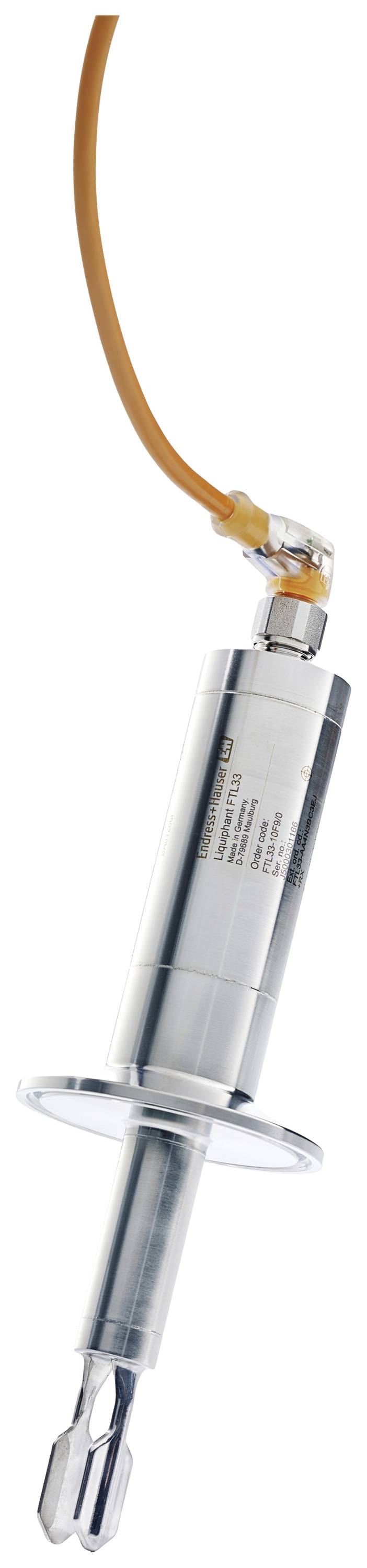 A silver cylindrical sensor device with an orange cable. Primarily used for measuring or analysing liquids.