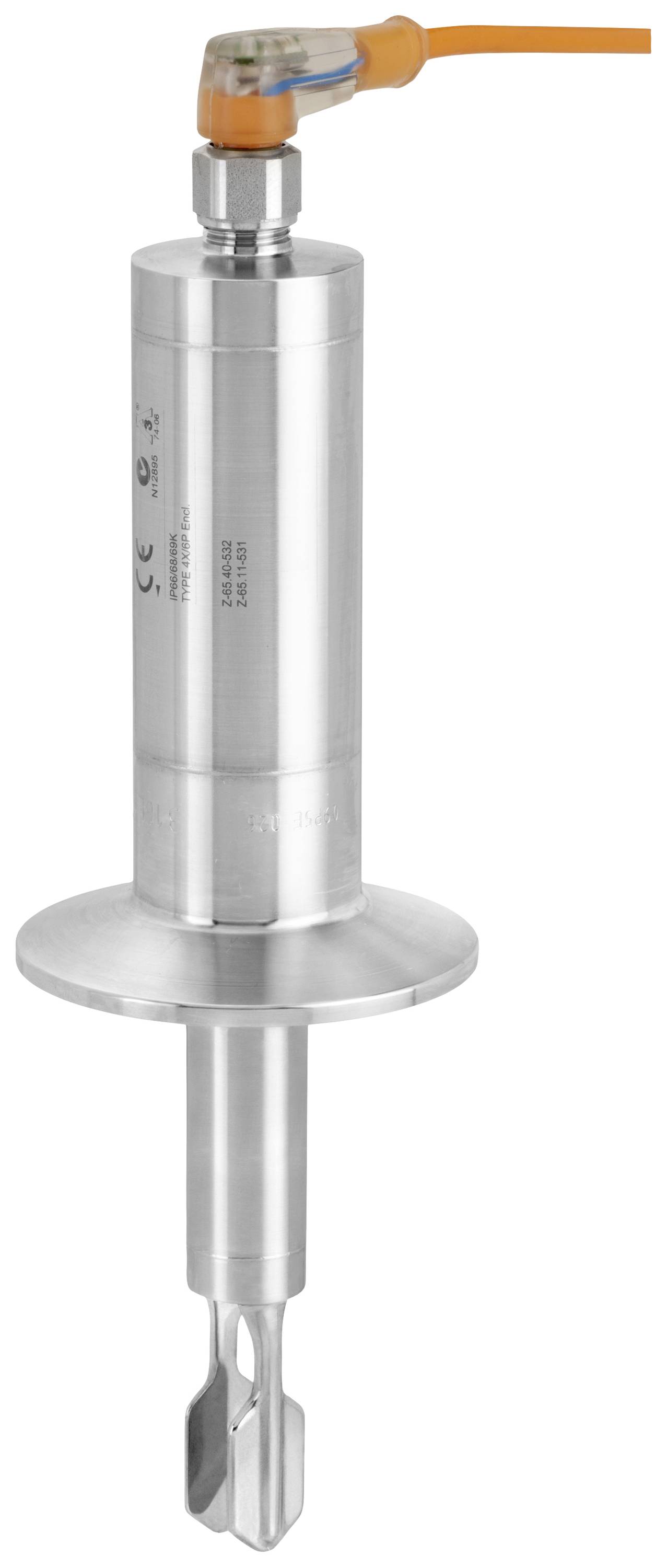 A cylindrical, metallic measuring instrument with a sensor and an orange cable connection at the top. Used for precise measurement.