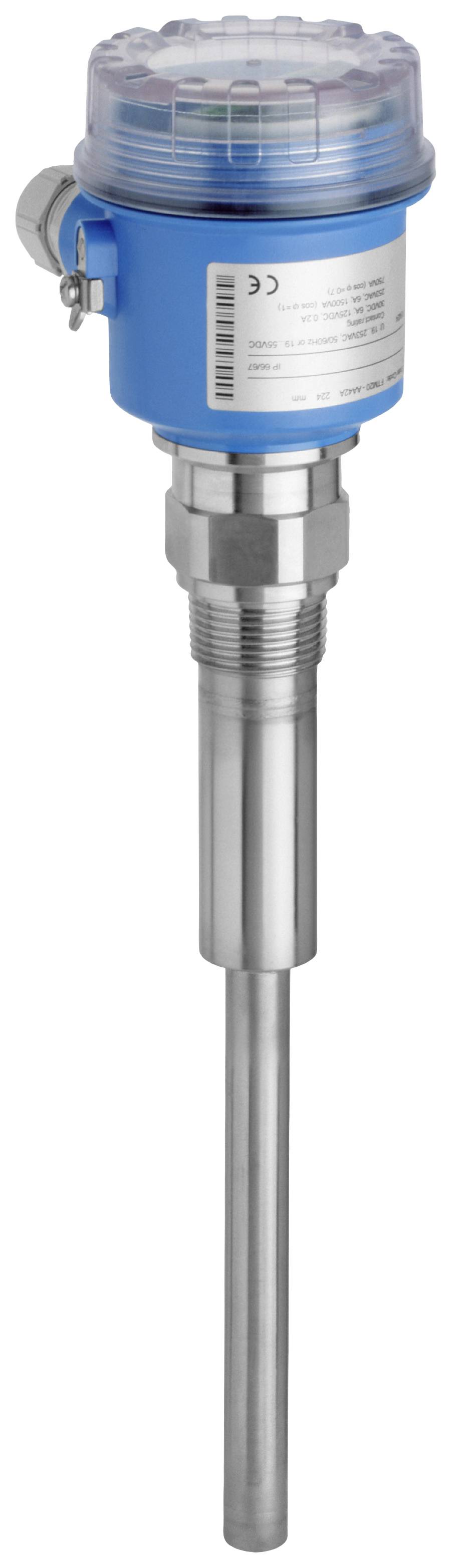 A blue industrial level sensor with a metal casing and long measuring probe. It is used for monitoring liquid levels.