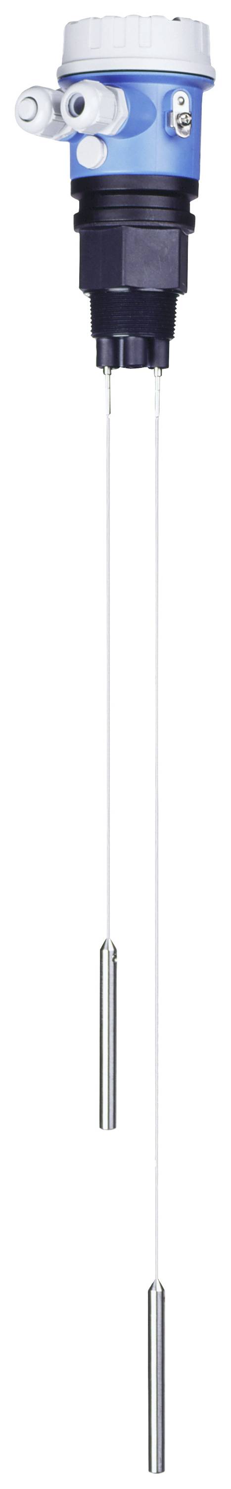 A sensor with two long metal probes, connected by a cylindrical blue and black housing, likely for level measurement.