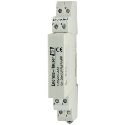 A white electrical device by Endress+Hauser, model HAW562-AAA, marked with CE and EN symbols, along with a 'protected' inscription.
