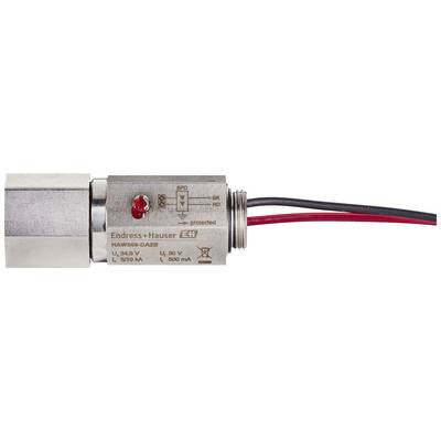 Industrial sensor with stainless steel housing, two cables, and red LED indicator. Inscription: 'Endress+Hauser'.