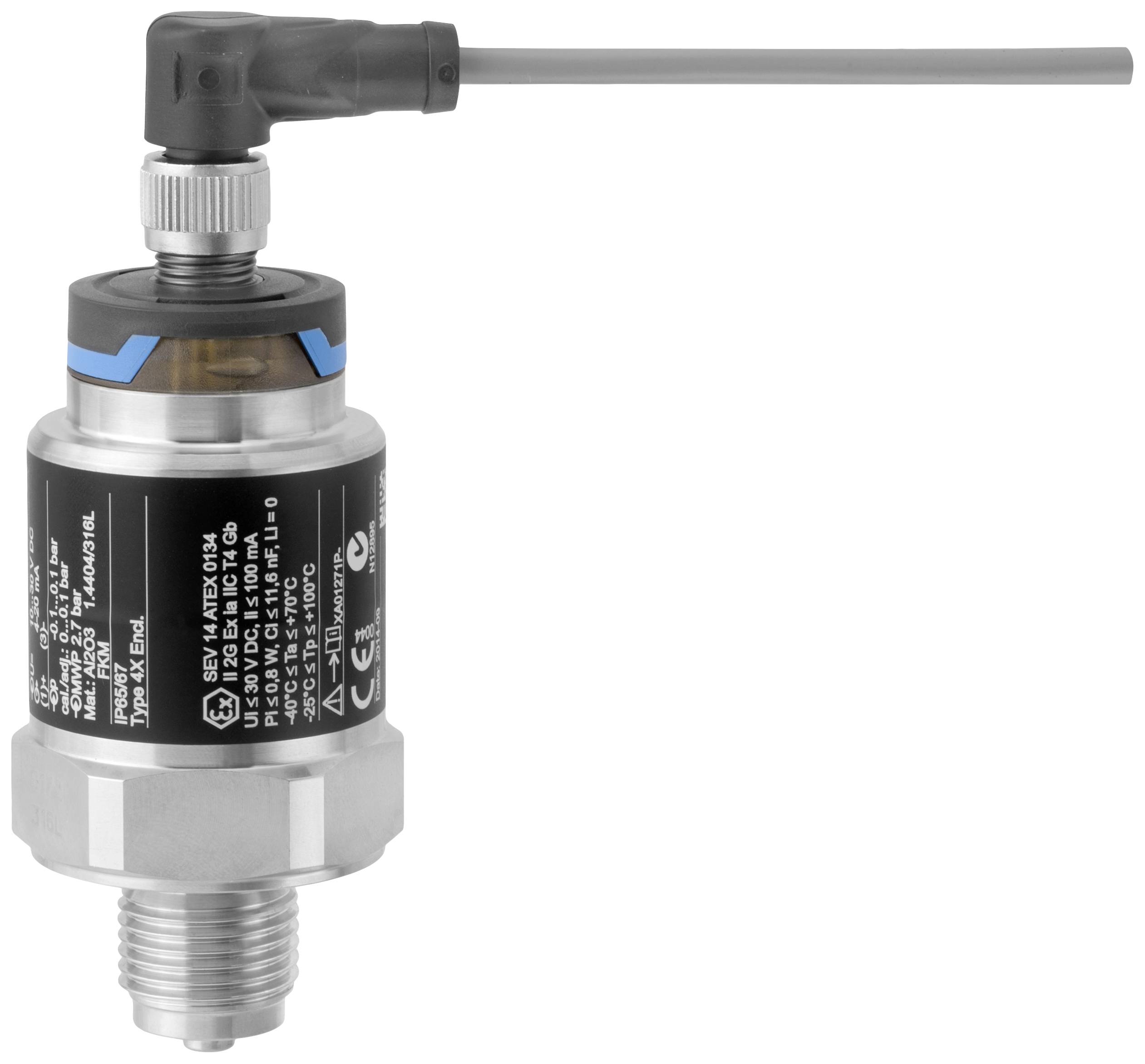 A pressure sensor with a metallic housing and cable connection, labelled with technical data and symbols for industrial applications.