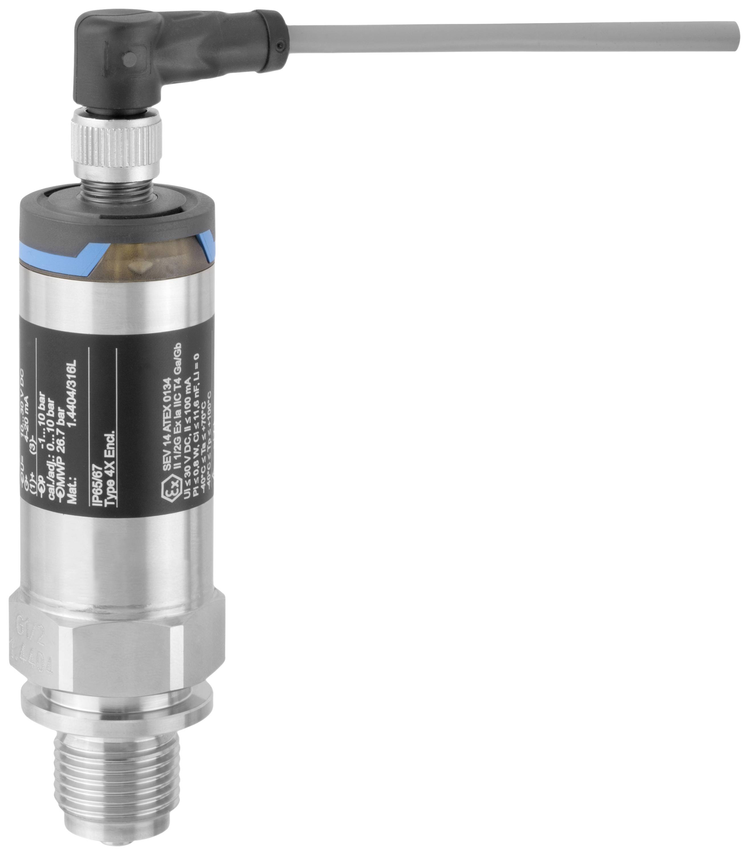 A cylindrical pressure transmitter with a metal housing and antenna connection on top; a technical device for pressure monitoring.