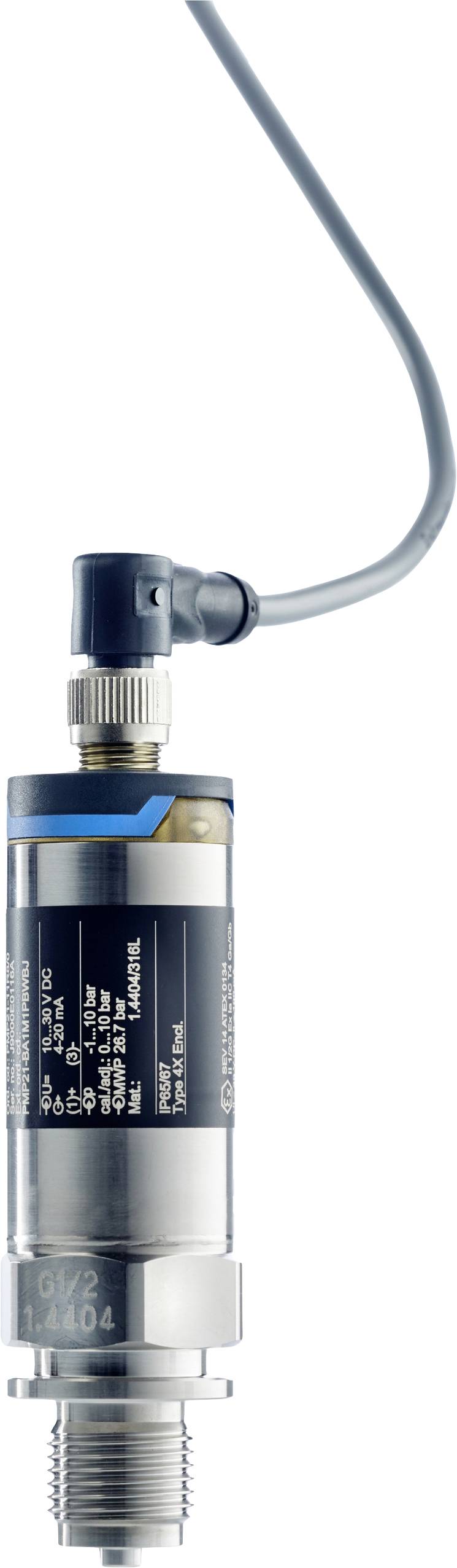 Pressure sensor with cable connection, cylindrical shape, metallic housing, technical labels visible on the surface.