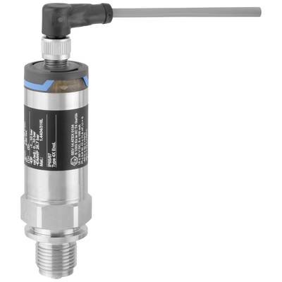 'A cylindrical pressure sensor with a threaded connection, vertically mounted, shows an electrical connection with an angled cable.'