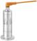 A stainless steel cylinder with a long orange nozzle at the top. Device for precise liquid control or dispensing.