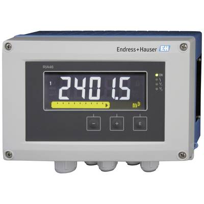 Digital indicator from Endress+Hauser displays '240.15 m³', with operation buttons underneath and control lights to the right.