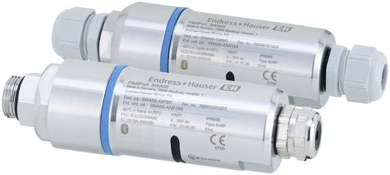Two metal enclosures from Endress+Hauser, with blue seals, are used for flow measurement in industrial applications.
