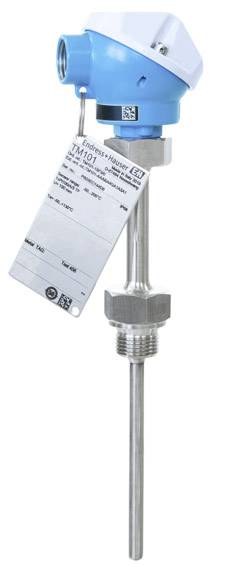 Temperature sensor with blue head and label. Application range: industrial temperature measurement.