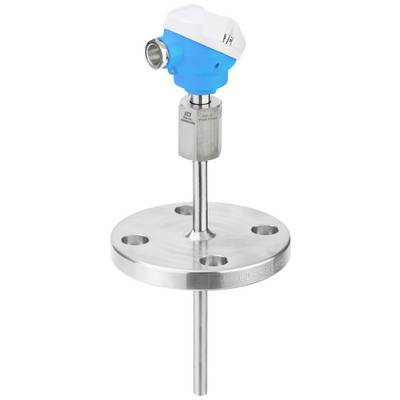 An industrial temperature sensor with a blue head and metal flange, used for precise temperature measurement in processes.