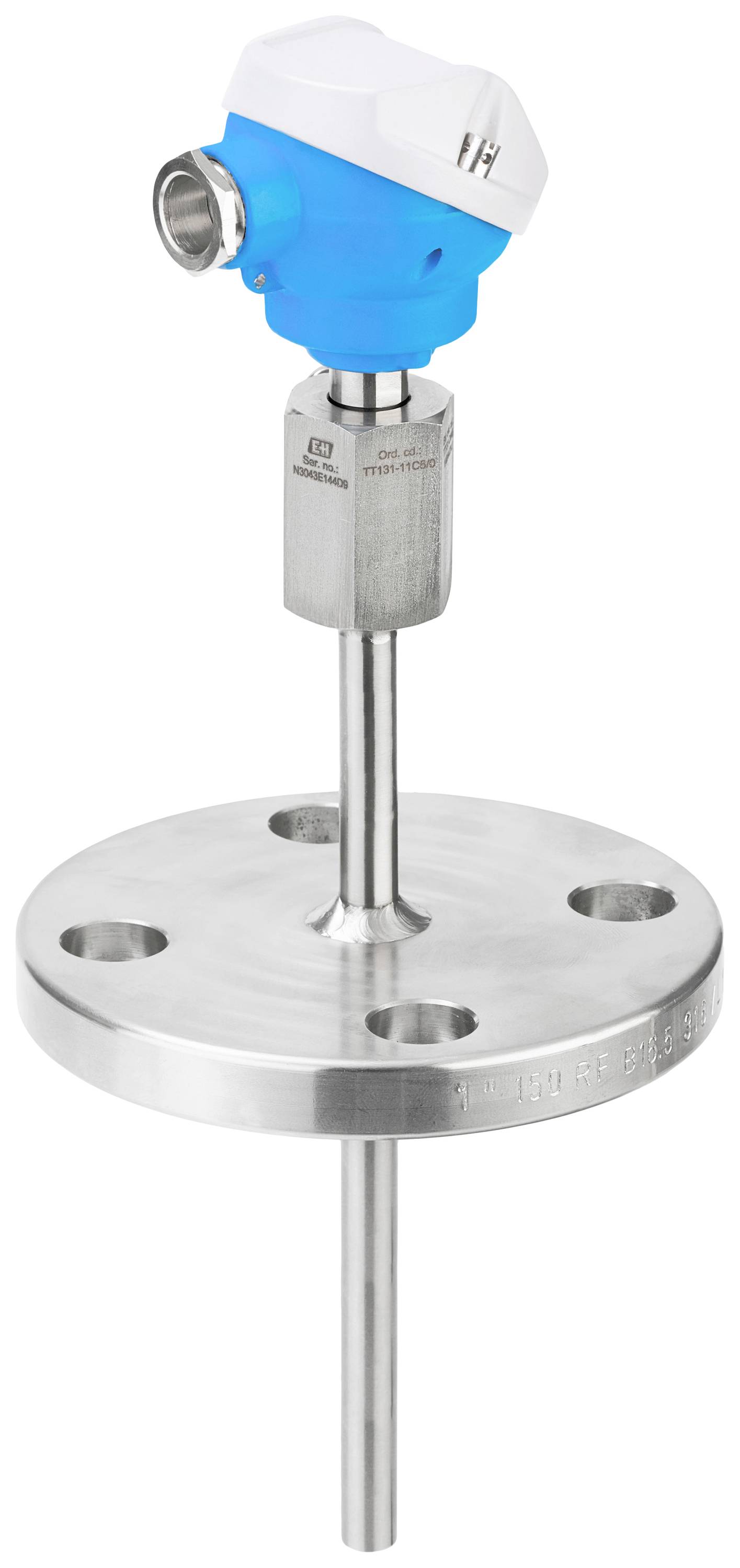 Industrial thermometer with blue cap and stainless steel flange, suitable for high-pressure systems in process automation.