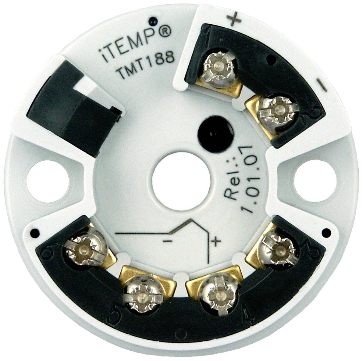 Round temperature transmitter iTEMP TMT188 with connections and labels. Brand name and plus and minus terminals clearly visible.