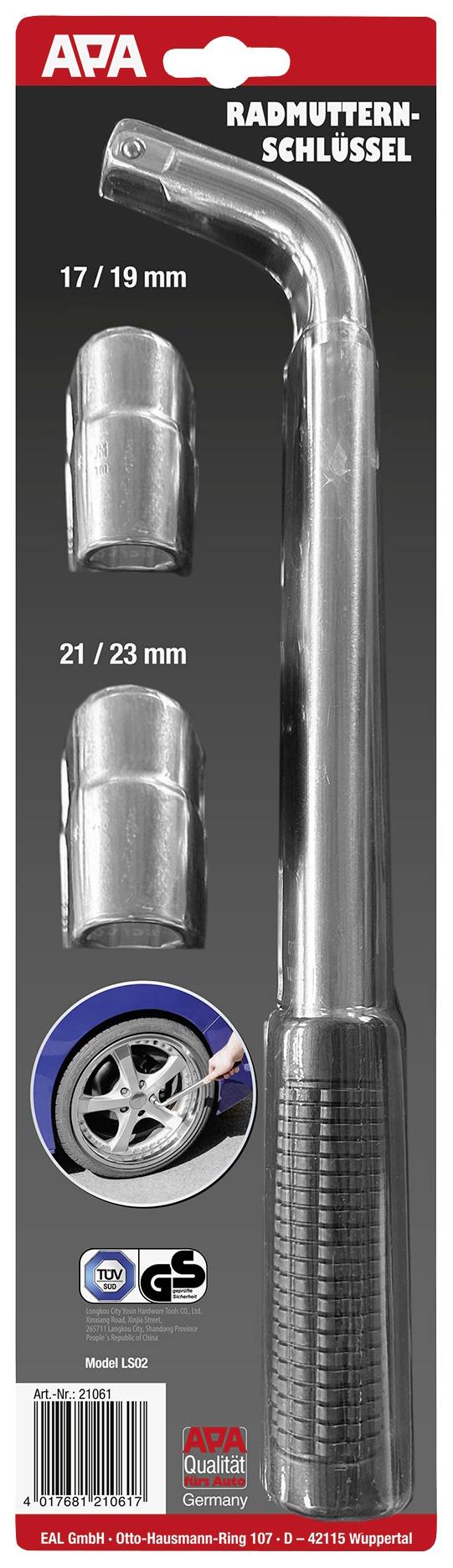 Wheel Nut Spanner Set with Telescopic Handle and Two Socket Inserts (17/19 mm and 21/23 mm). Suitable for loosening wheel nuts.