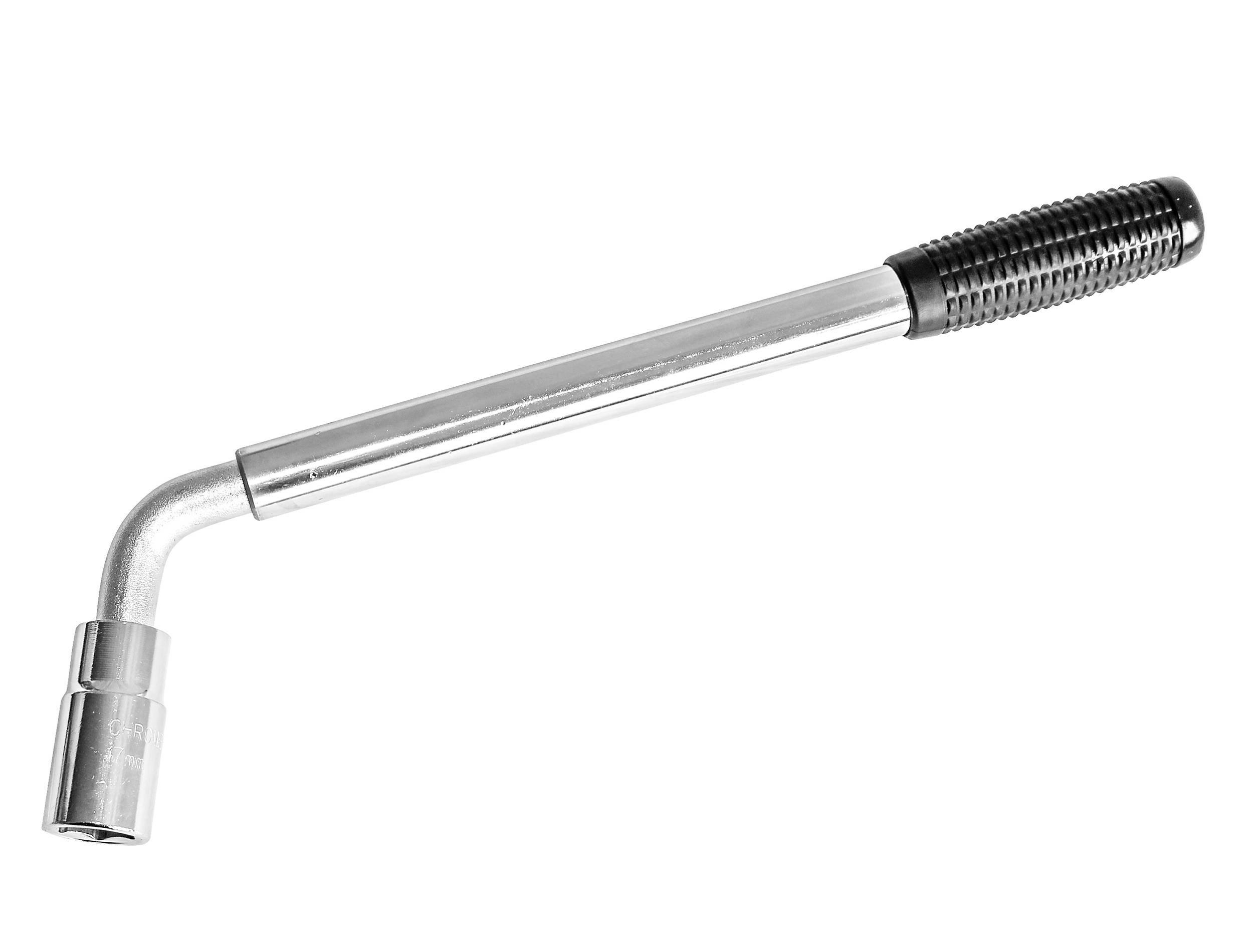 A wheel brace with a long handle and a black, knurled grip. Suitable for loosening or tightening wheel nuts.