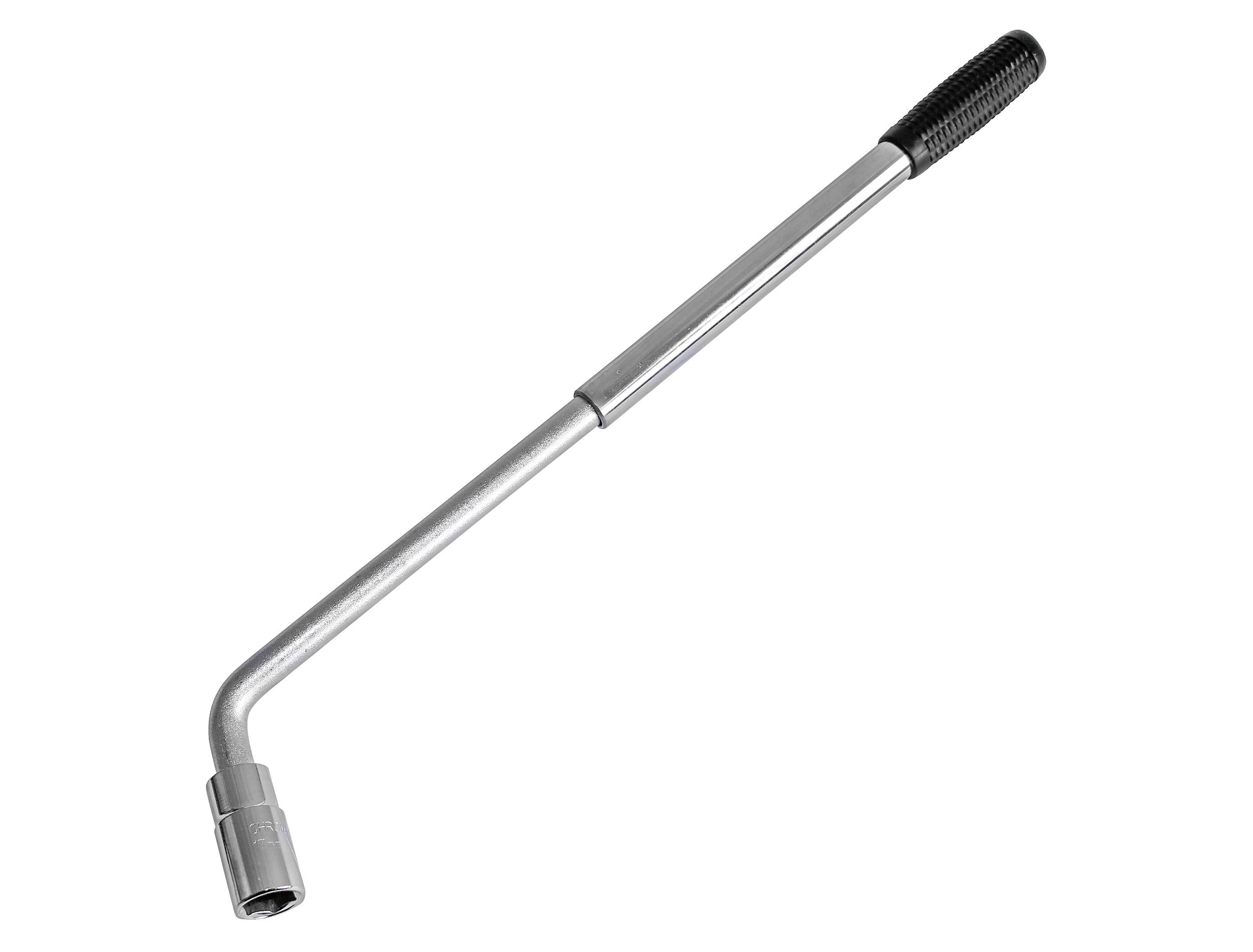 An adjustable wheel nut spanner with a black handle and silver telescopic arm, suitable for loosening wheel nuts.