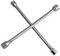 A cross-shaped wheel nut spanner made of metal, used for loosening or tightening wheel nuts on vehicles.