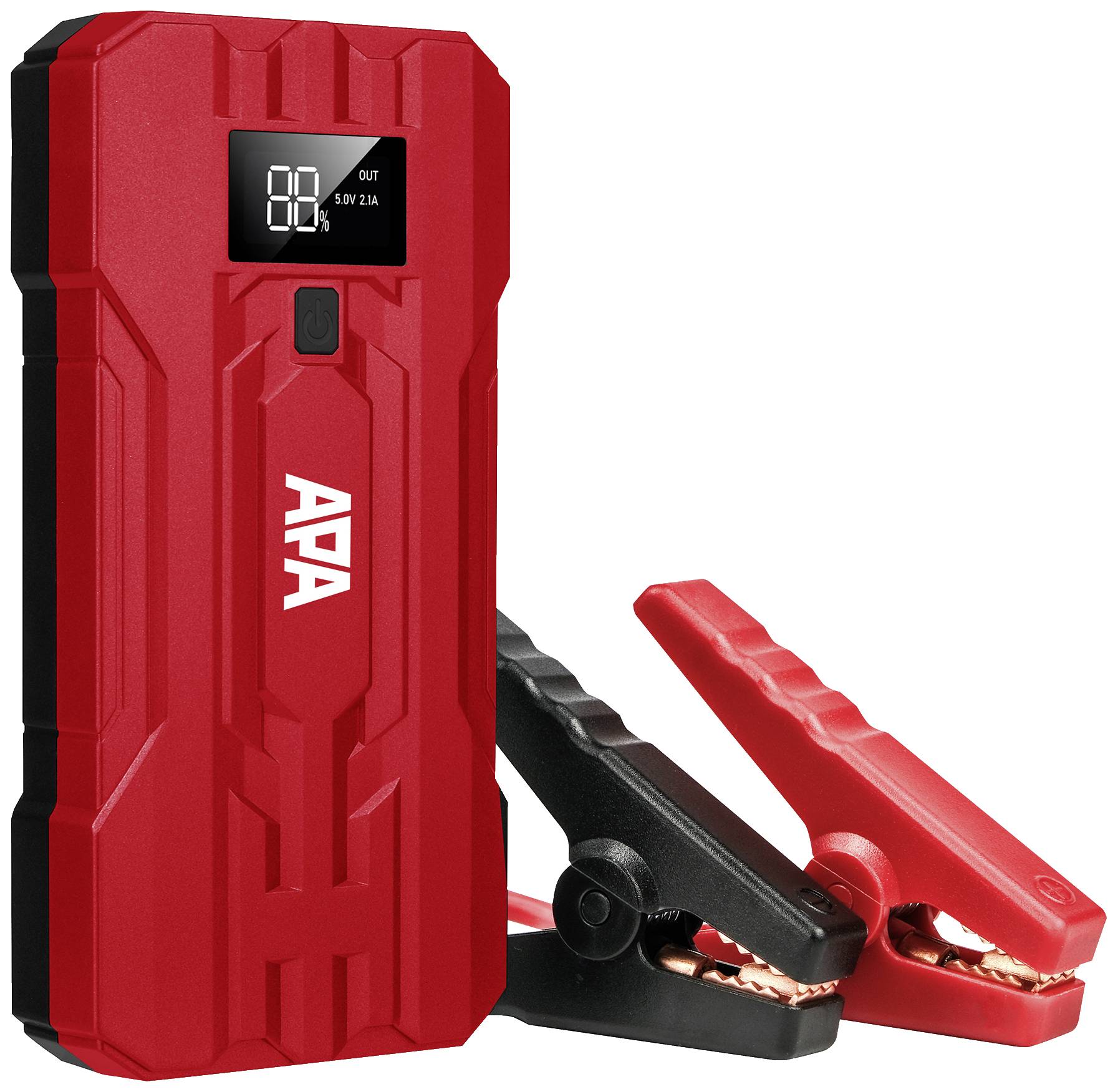 A red jump starter with a digital display and two clamps in black and red. Device by APA, suitable for car batteries.