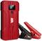 A red jump starter with a digital display and two clamps in black and red. Device by APA, suitable for car batteries.