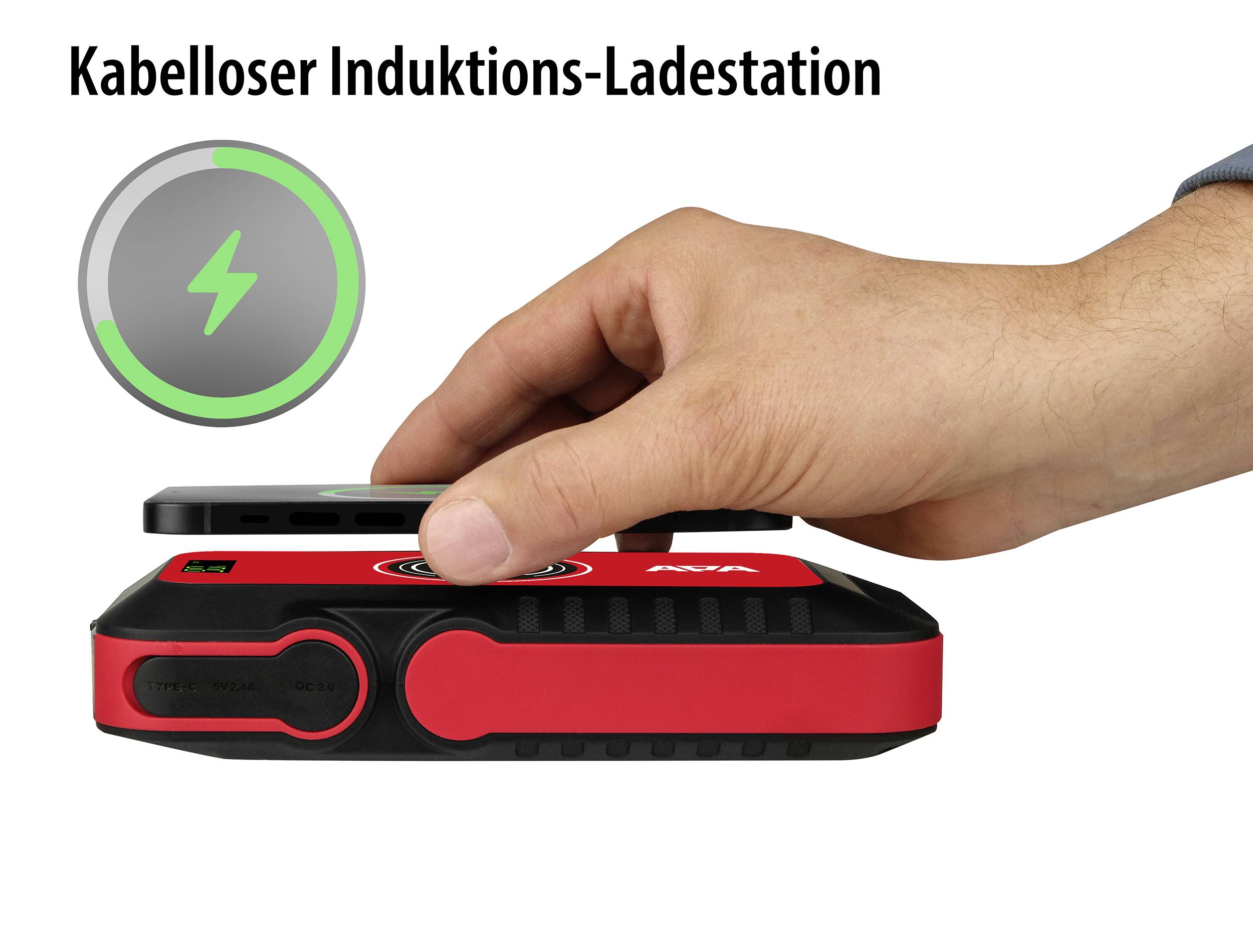 A hand places a smartphone on a red wireless induction charging station. The charging process is represented by a green symbol.