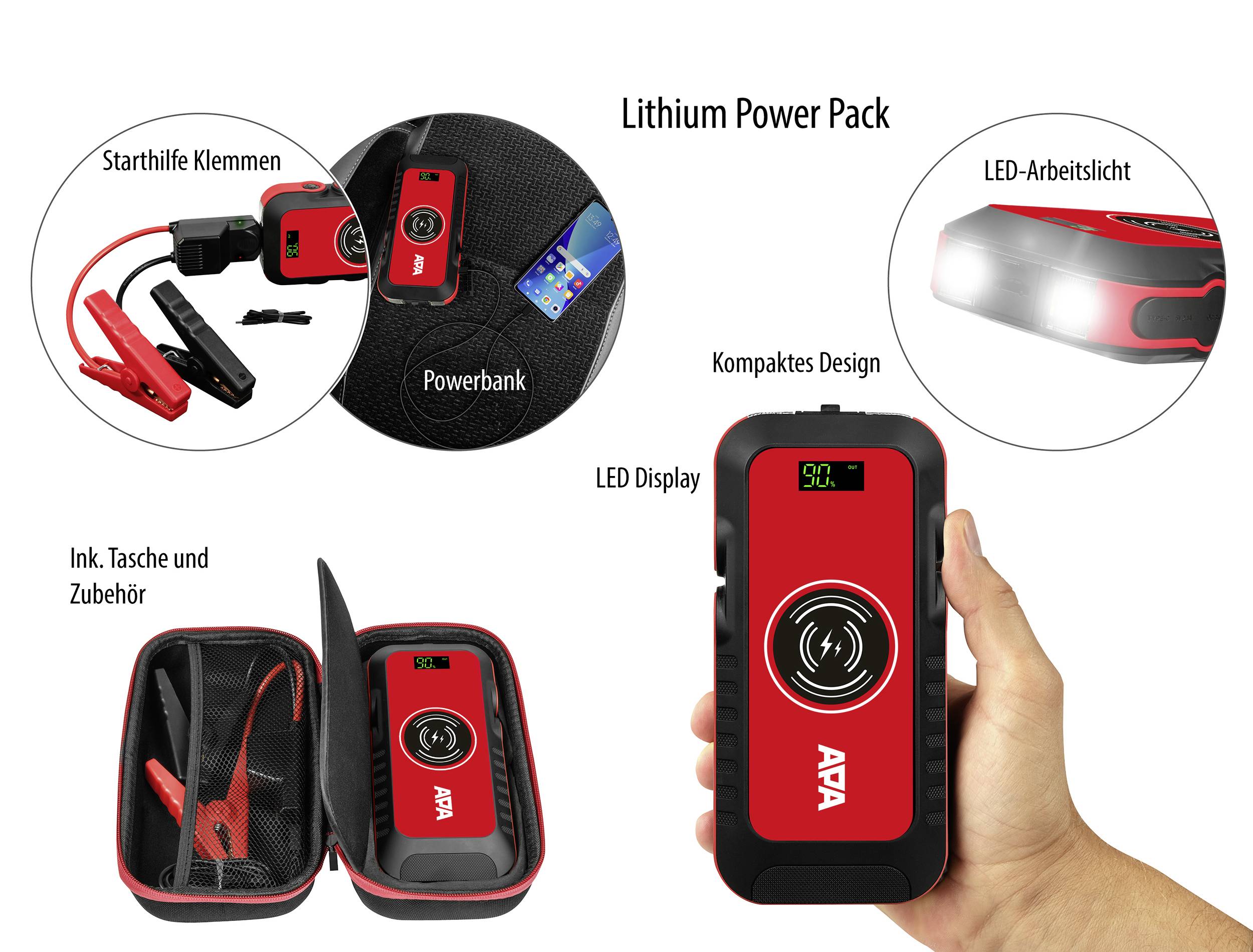 Lithium Power Pack with Jump Start Clamps, Power Bank, LED Display and Work Light. Compact Design, Including Carry Bag and Accessories.