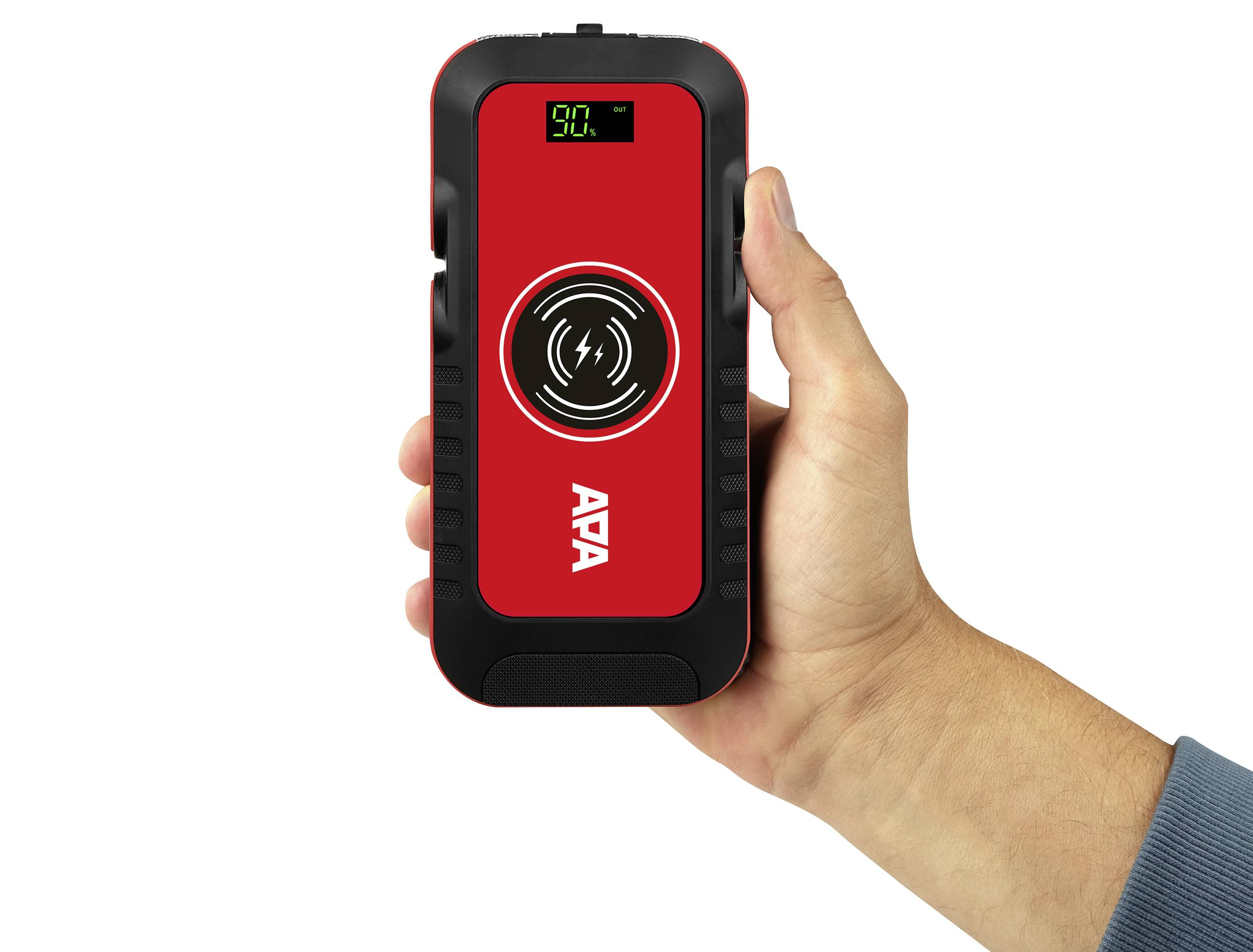 A hand is holding a red portable charger with a digital display showing '90%', and a wireless charging symbol on the front.