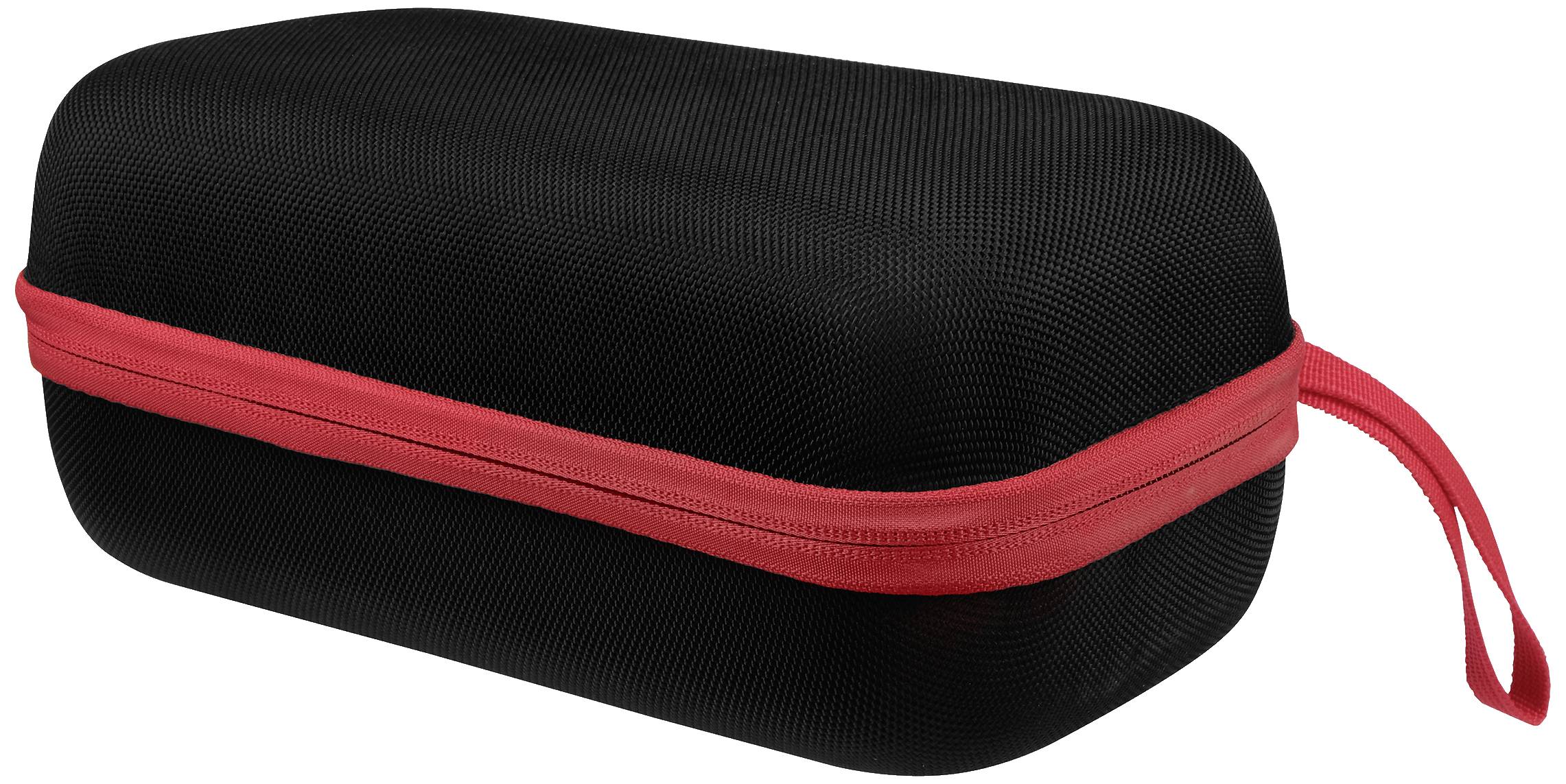 A black, rectangular hard-shell case with a red zip and carry strap.