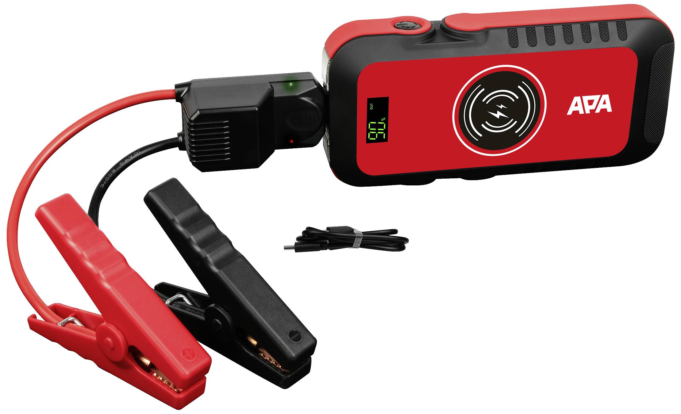 Portable jump starter with red and black clamps, digital display, and charging cable. Device is designed in black and red.