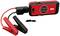 Portable jump starter with red and black clamps, digital display, and charging cable. Device is designed in black and red.