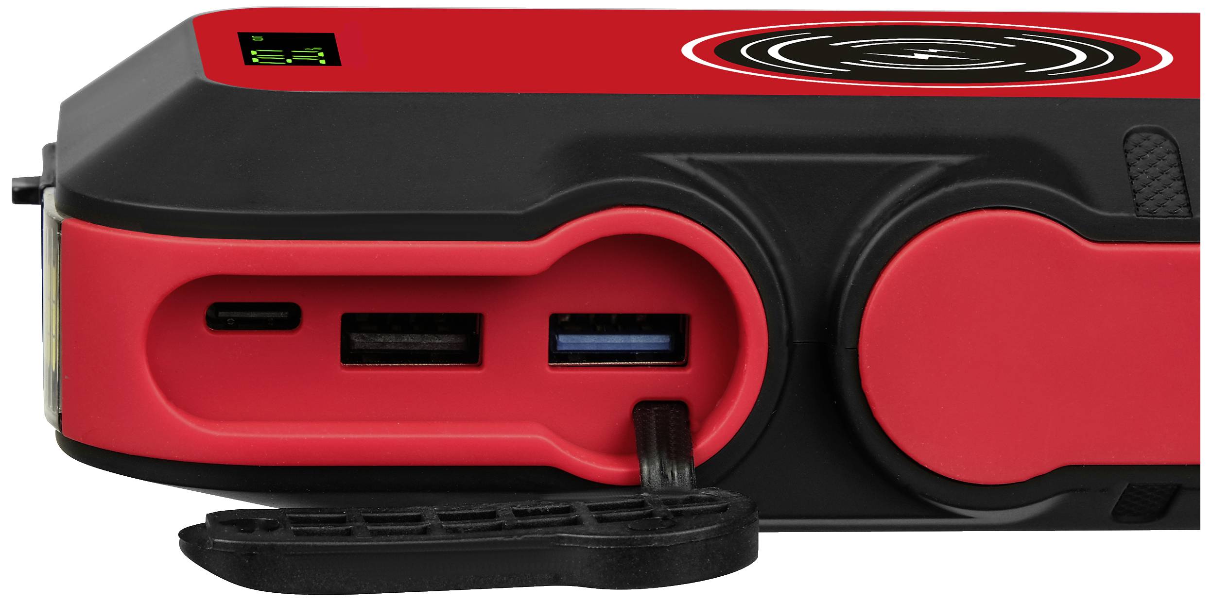 A red and black device with USB ports and an LED display, suitable for versatile charging applications.