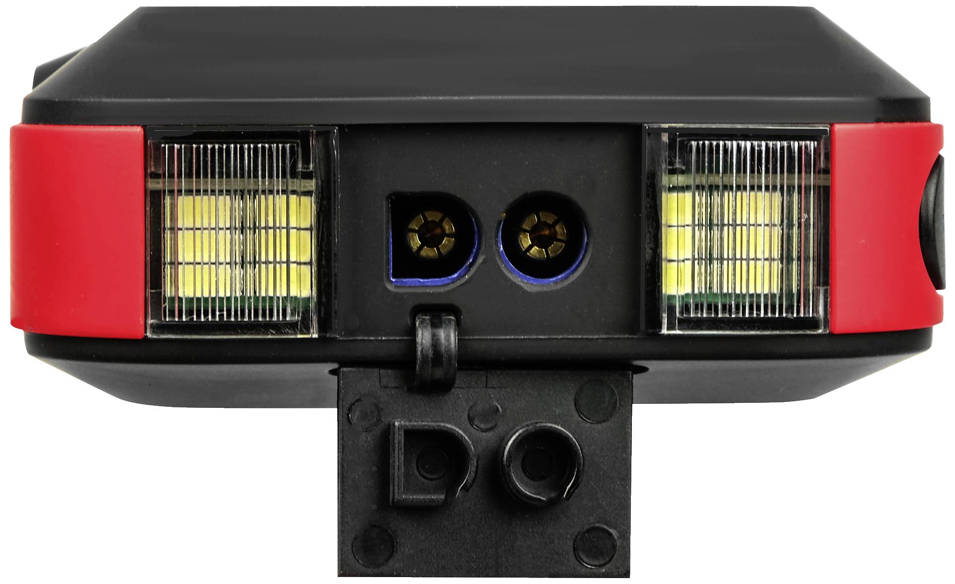 A black electronic device with red sides and transparent covers reveals internal light components.