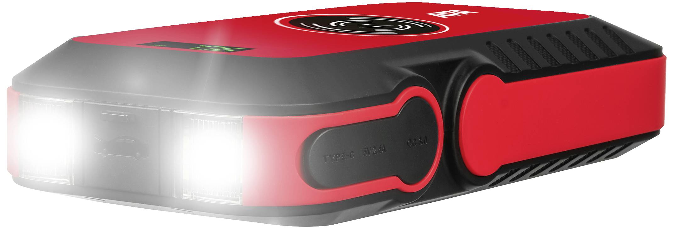 A red, portable jump starter with illuminated front lights, designed to be compact and suitable for mobile use.